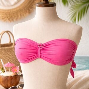 Tommy Bahama Pink Bandeau Bikini Top XS Ruched Ring Detail Tie Back Swim
